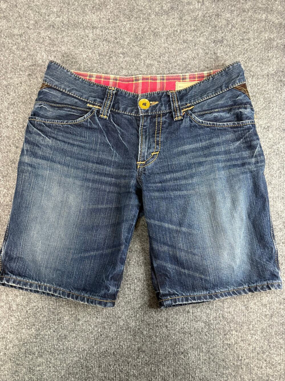 Edwin Denim Shorts Womens L Japanese Denim Plaid Lined Red Stitch Cuffed Hem